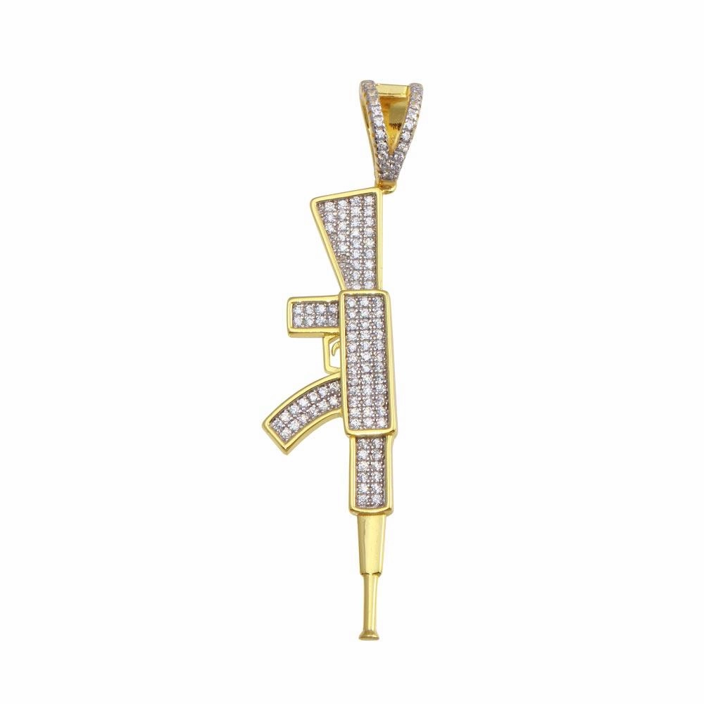 Gold Plated 925 Sterling Silver CZ Gun Hip Hop Pendant - SLP00196GP