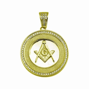 Gold Plated 925 Sterling Silver Masonic Sign Medallion Hip Hop Pendant - SLP00019GP