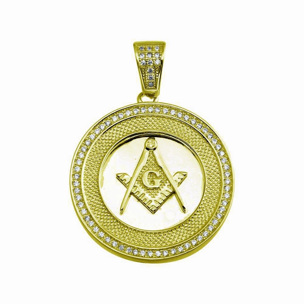 Gold Plated 925 Sterling Silver Masonic Sign Medallion Hip Hop Pendant - SLP00019GP
