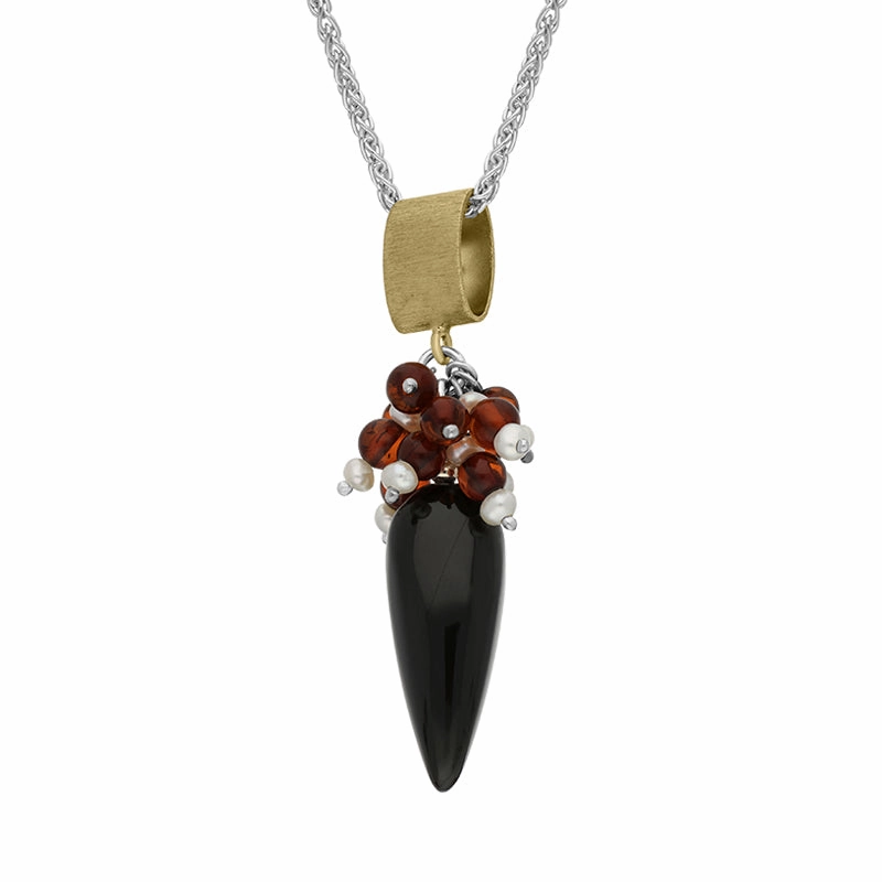 Gold Plated Sterling Silver Whitby Jet Amber Freshwater Pearl Necklace D