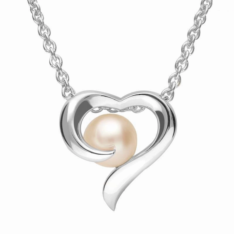 Grey Sterling Silver Plated White Pearl Twisted Open Heart Necklace