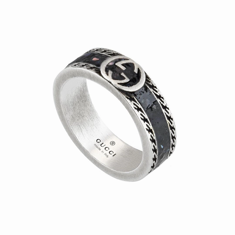 Gucci Interlocking Sterling Silver Black Enamel Band Ring D