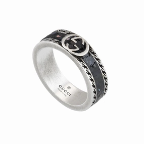 Gucci Interlocking Sterling Silver Black Enamel Band Ring D