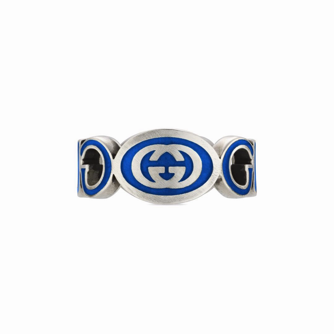 Gucci Interlocking Sterling Silver Blue Enamel Ring D