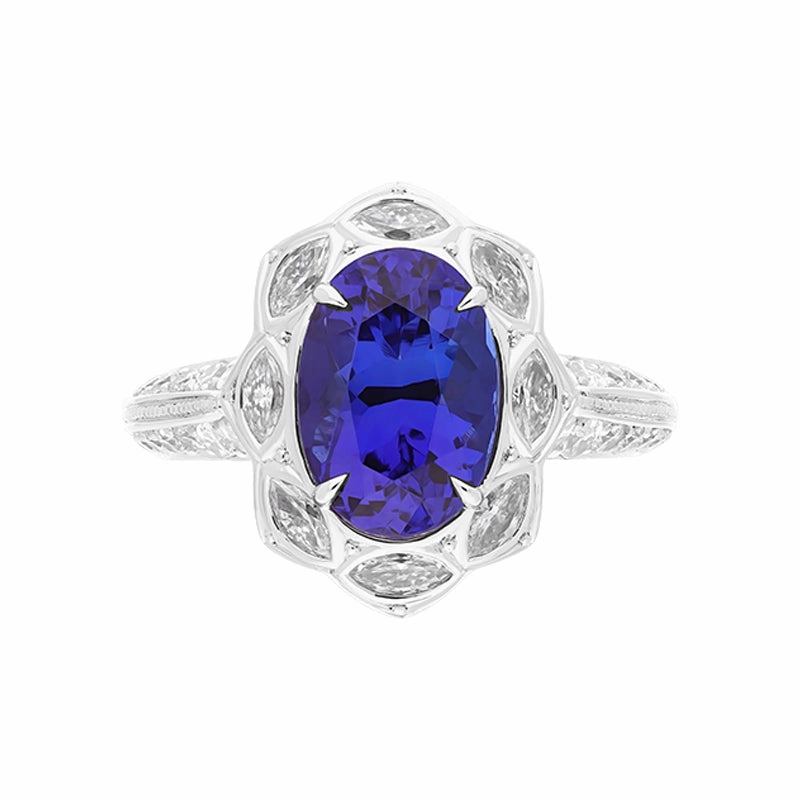 Hans D Krieger 18ct White Gold Tanzanite Diamond Oval Cluster Ring