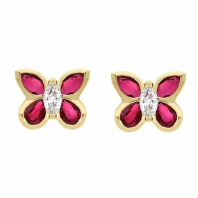 Hans D. Krieger 18ct Yellow Gold 1.10ct Ruby 0.18ct Diamond Butterfly Stud Earrings