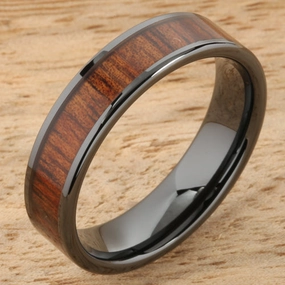 High Tech Black Ceramic Natural Koa Wood Flat Wedding Ring 6mm