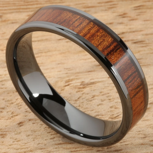 High Tech Black Ceramic Natural Koa Wood Flat Wedding Ring 6mm