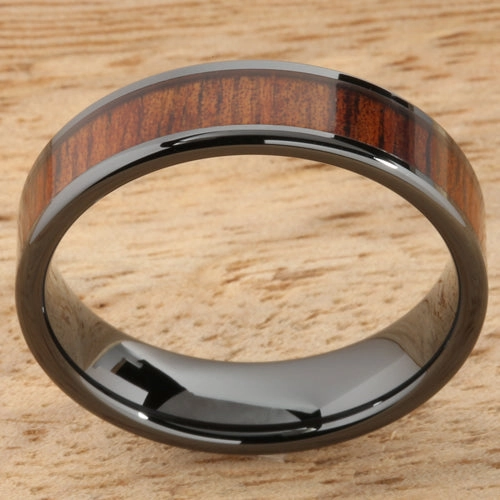 High Tech Black Ceramic Natural Koa Wood Flat Wedding Ring 6mm