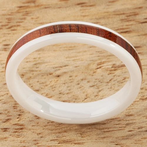 High Tech White Ceramic Natural Koa Wood Oval Wedding Ring 4mm