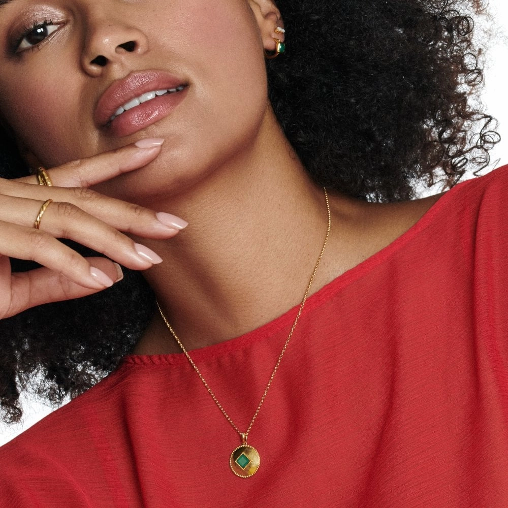 Hot Diamonds Gold Plated Sterling Silver Green Agate Coin Necklace