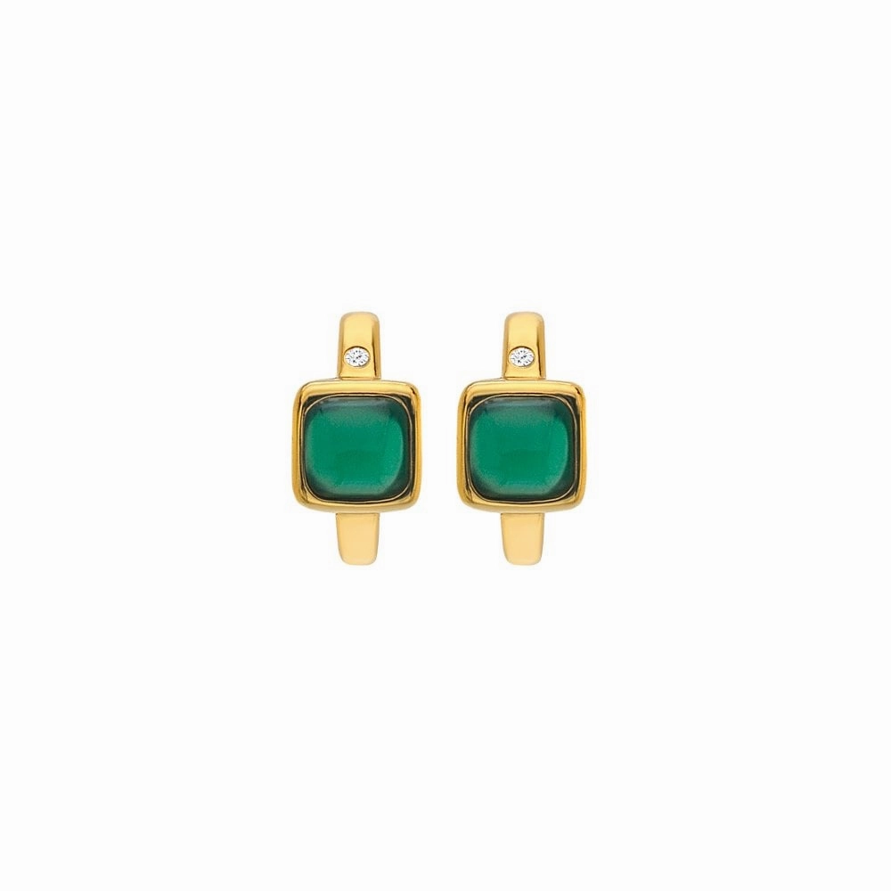 Hot Diamonds Gold Plated Sterling Silver Green Agate Square Huggie Earrings