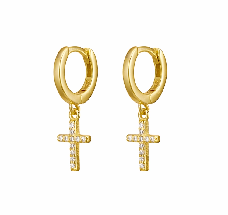 Huggie earrings with CZ cross - 2 colours