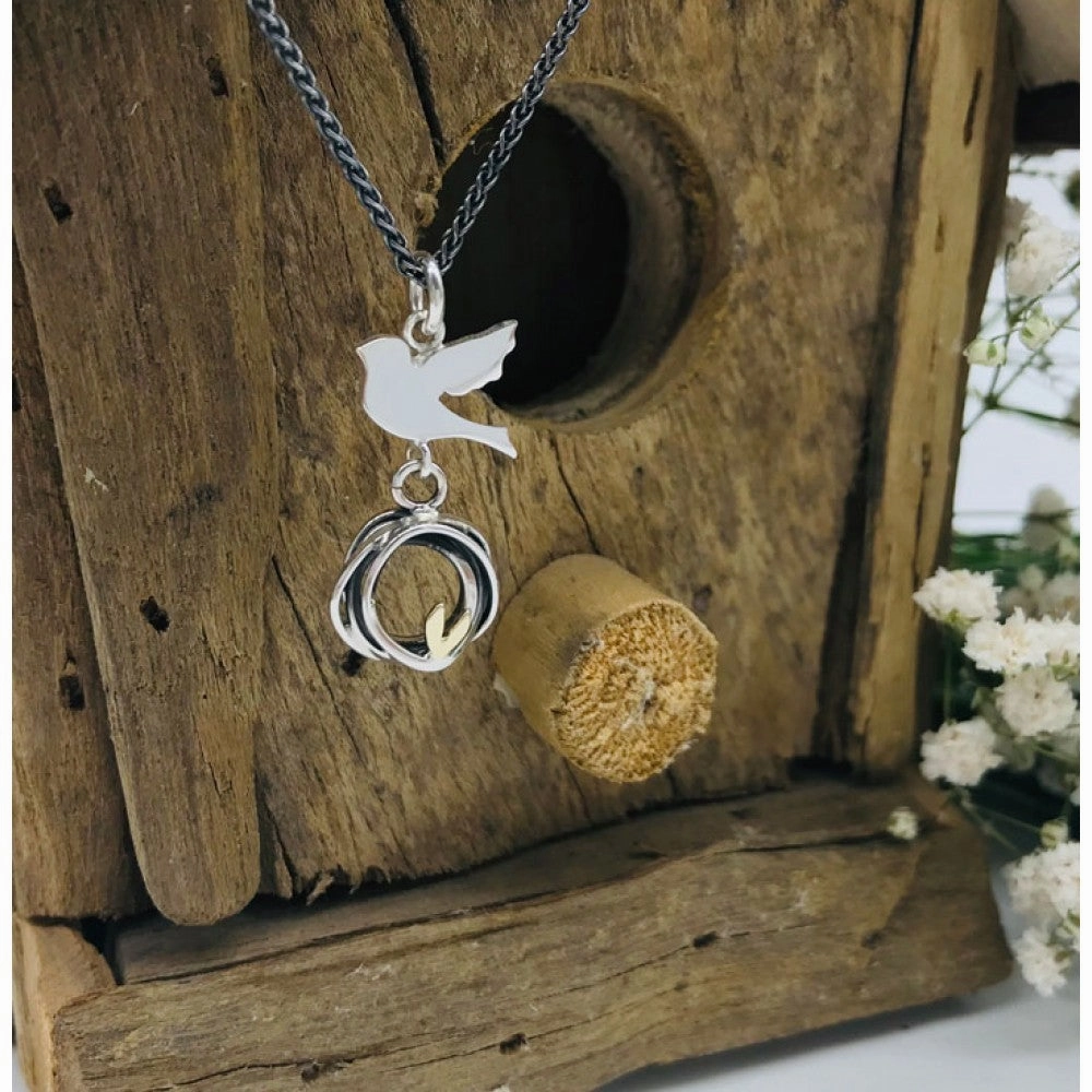 Linda Macdonald Three Little Birds Sterling Silver 9ct Gold Necklace