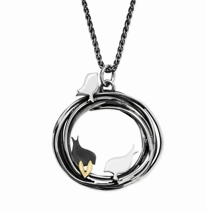 Linda Macdonald Three Little Birds Sterling Silver 9ct Gold Necklace