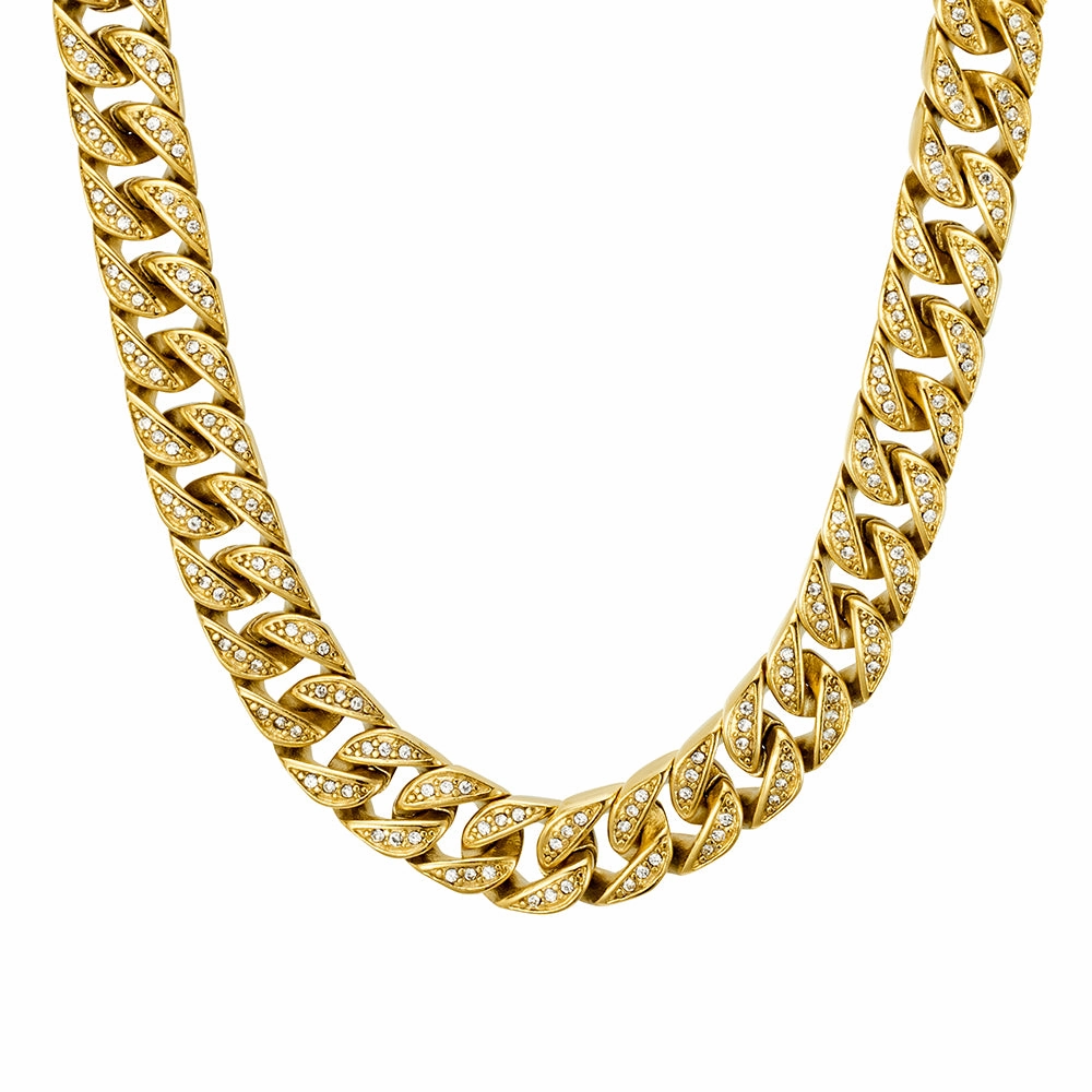 Men Necklace- Stainless Steel Cuban Link CZs Set Chain