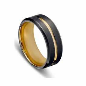 Men Rings - Blaze Stainless Steel Men's Brushed Black Ring with Gold