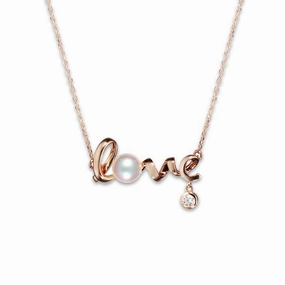 Mikimoto 18ct Rose Gold Diamond White Akoya Pearl 'Love' Necklace