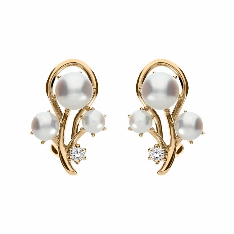 Mikimoto 18ct Rose Gold Diamond White Akoya Pearl Branch Earrings