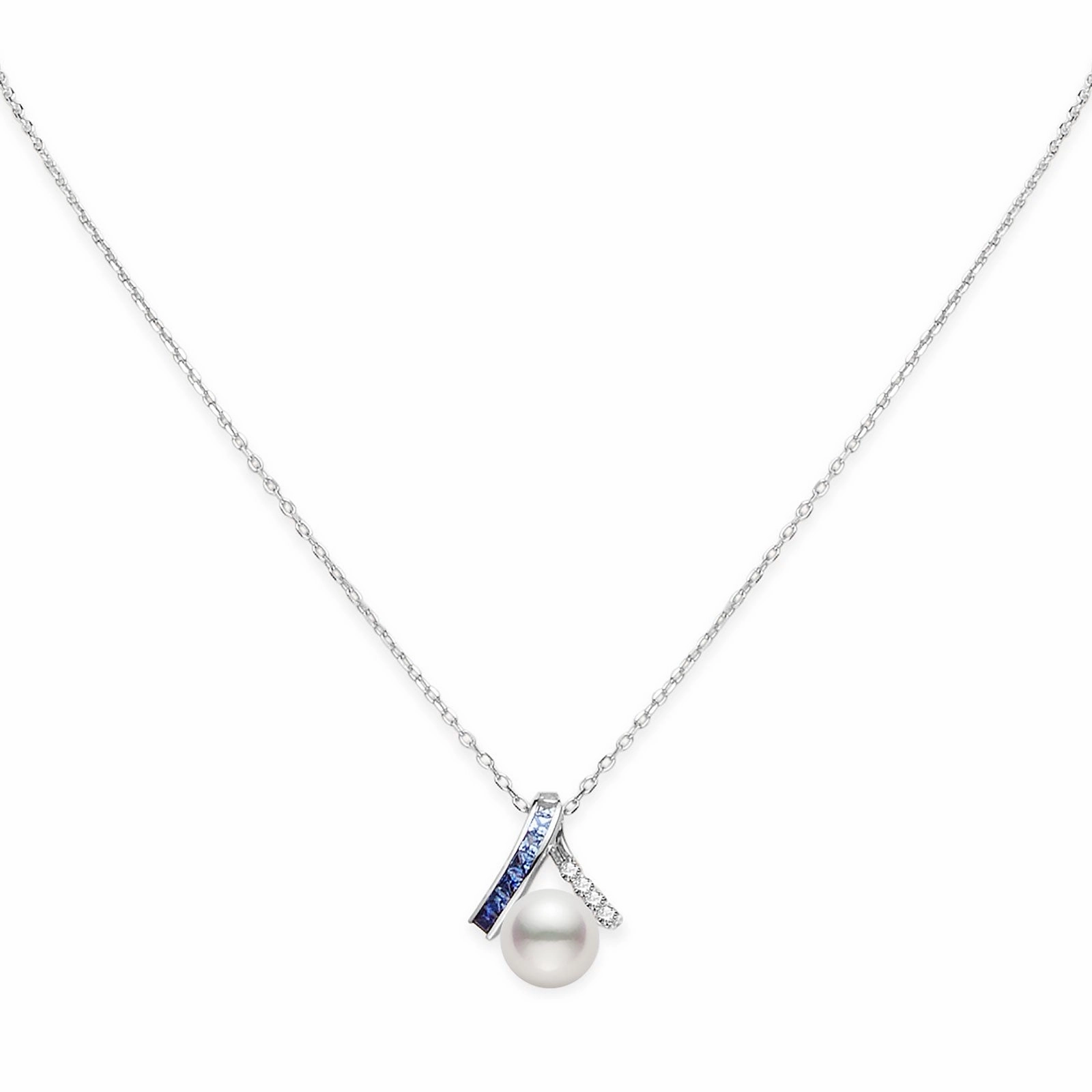 Mikimoto 18ct White Gold Akoya Pearl 0.12ct Sapphire  & 0.48ct Diamond Ocean Pendant