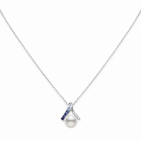 Mikimoto 18ct White Gold Akoya Pearl 0.12ct Sapphire  & 0.48ct Diamond Ocean Pendant