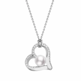 Mikimoto 18ct White Gold Akoya Pearl Diamond Heart Necklace D