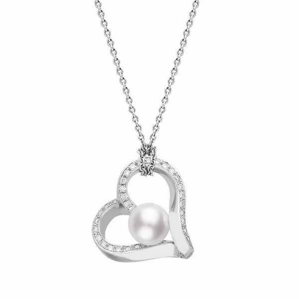 Mikimoto 18ct White Gold Akoya Pearl Diamond Heart Necklace D