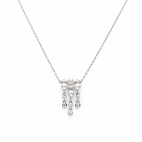 Mikimoto 18ct White Gold Diamond 3.25mm White Akoya Pearl Necklace D