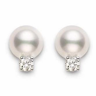 Mikimoto 18ct White Gold Diamond 7mm White AA Akoya Pearl Stud Earrings