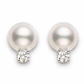 Mikimoto 18ct White Gold Diamond 7mm White AA Akoya Pearl Stud Earrings