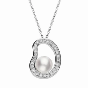 Mikimoto 18ct White Gold Diamond 8mm White Akoya Pearl Necklace