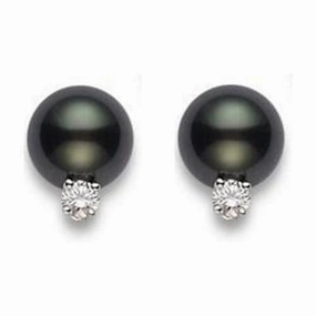 Mikimoto 18ct White Gold Diamond 9mm A  Black South Sea Pearl Stud Earrings