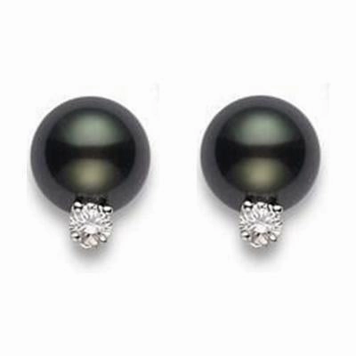 Mikimoto 18ct White Gold Diamond 9mm A  Black South Sea Pearl Stud Earrings