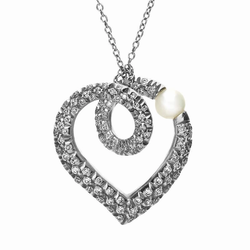 Mikimoto 18ct White Gold Diamond Akoya Pearl Looped Heart Necklace