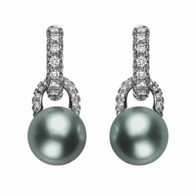 Mikimoto 18ct White Gold Diamond Black South Sea Pearl Drop Earrings