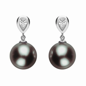 Mikimoto 18ct White Gold Diamond Black South Sea Pearl Earrings