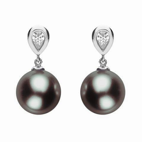 Mikimoto 18ct White Gold Diamond Black South Sea Pearl Earrings