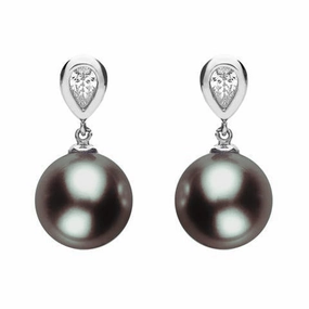 Mikimoto 18ct White Gold Diamond Black South Sea Pearl Earrings