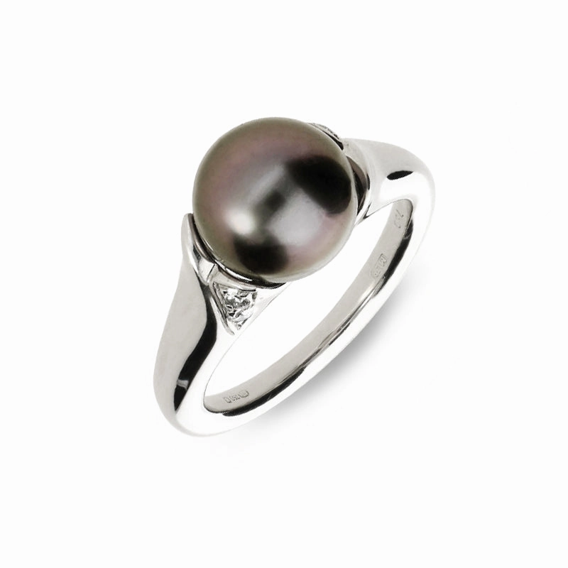 Mikimoto 18ct White Gold Diamond Black South Sea Pearl Ring D