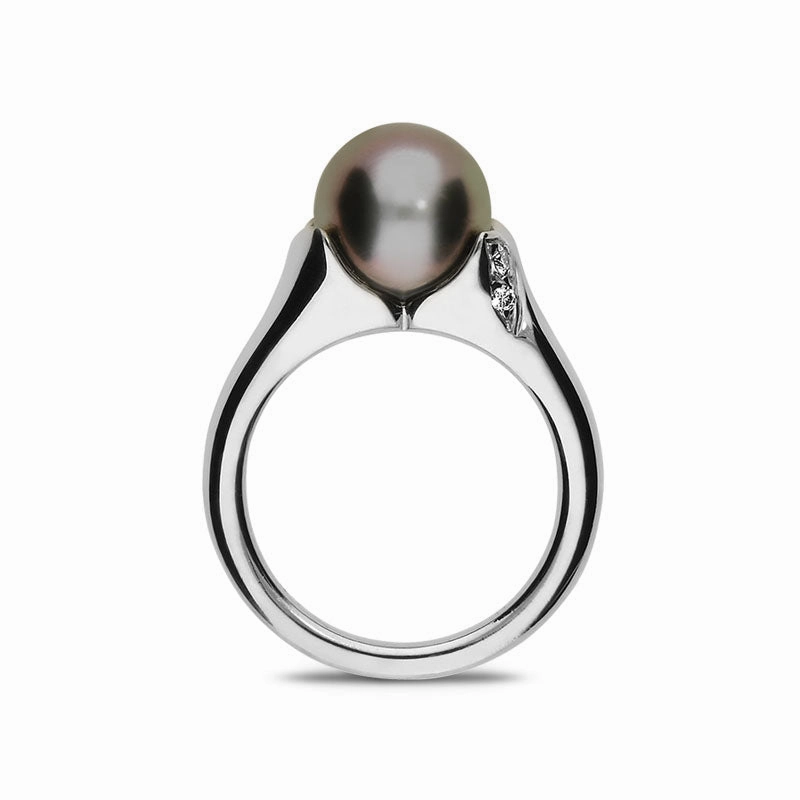 Mikimoto 18ct White Gold Diamond Black South Sea Pearl Ring D