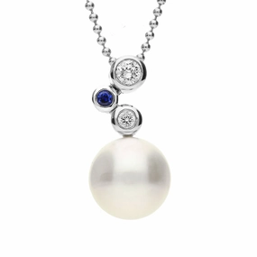 Mikimoto 18ct White Gold Diamond Sapphire Akoya Pearl Drop Necklace