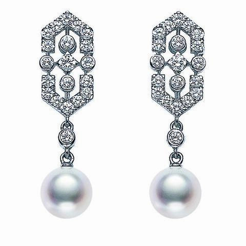 Mikimoto 18ct White Gold Diamond White Akoya Pearl Art Deco Earrings