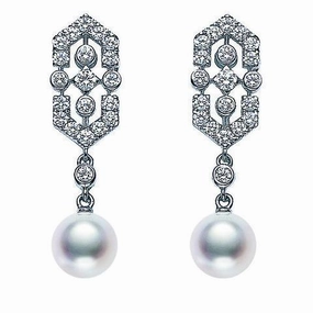 Mikimoto 18ct White Gold Diamond White Akoya Pearl Art Deco Earrings