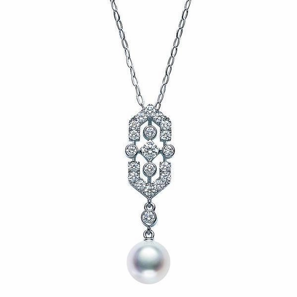 Mikimoto 18ct White Gold Diamond White Akoya Pearl Art Deco Necklace