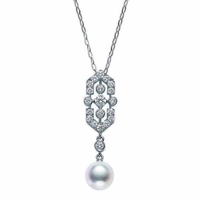 Mikimoto 18ct White Gold Diamond White Akoya Pearl Art Deco Necklace