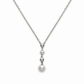 Mikimoto 18ct White Gold Diamond White Akoya Pearl Drop Pendant