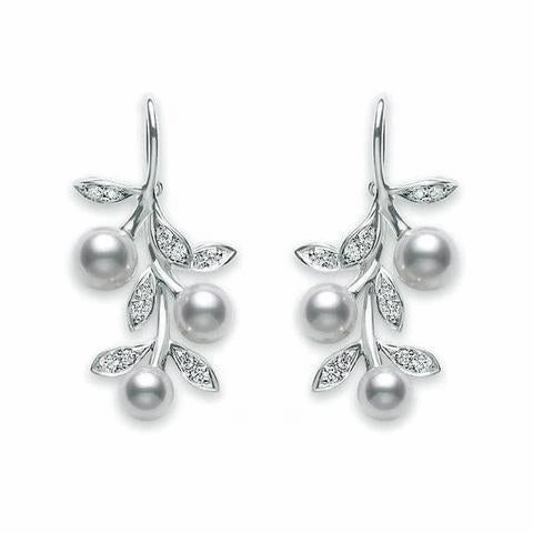 Mikimoto 18ct White Gold Diamond White Akoya Pearl Floral Drop Earrings