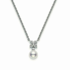 Mikimoto 18ct White Gold Diamond White Akoya Pearl Flower Necklace