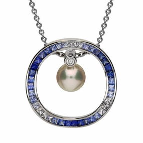 Mikimoto 18ct White Gold Sapphire Diamond Akoya Pearl Pendant Necklace