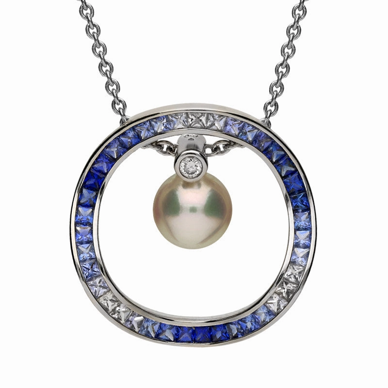 Mikimoto 18ct White Gold Sapphire Diamond Akoya Pearl Pendant Necklace